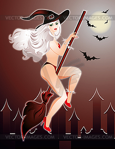 Sensual witch flying on broomstick - vector image