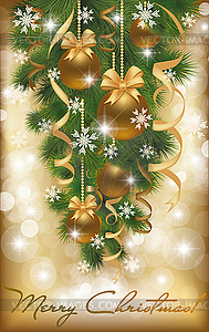 Merry Christmas card with golden balls, vector - vector image