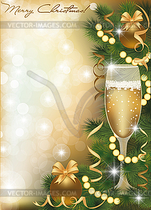 Merry Christmas greeting card with champagne, vector - vector image