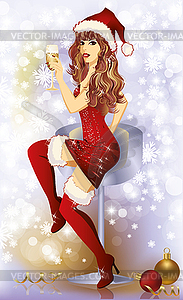 Santa girl with champagne  illustration - vector image