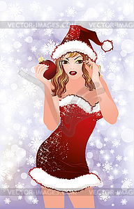 Santa girl with red xmas ball. illustration  - vector image