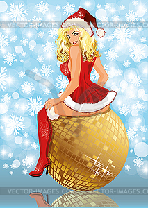 Sexy Santa girl and golden disco ball - vector clipart