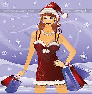 Shopping christmas girl. illustration  - color vector clipart