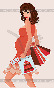 Beautiful pregnant woman with shopping bags, vector - vector EPS clipart