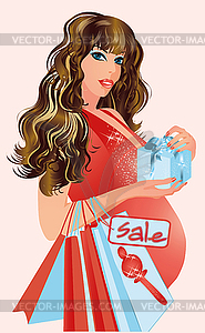 Pregnant woman with shopping bags, illustration - vector clipart