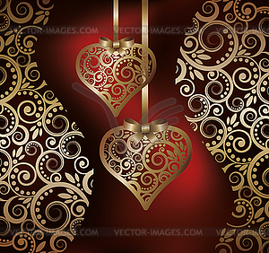 Love background with two golden hearts,  - vector clipart