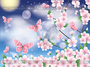 Весна карта с сакура и бабочка, вектор - векторное изображение EPS