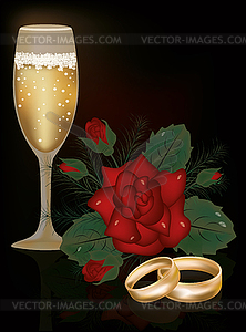 Red Rose flower and wedding rings, vector illustration - vector clipart