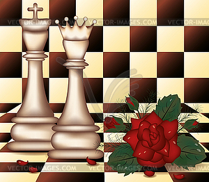 White Chess Queen and King with red rose  vector - vector image