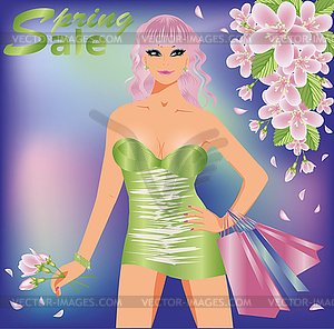 Spring shopping girl, vector illustration - vector clipart