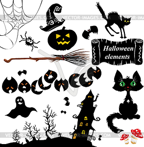 Набор элементов Хэллоуина - тыквы, летучие мыши, призрак - векторное изображение EPS