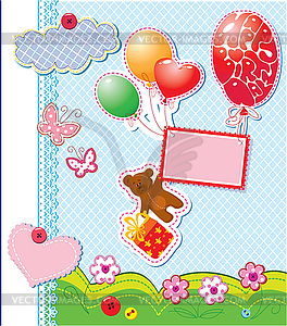 Baby birthday card with teddy bear and gift box - vector clipart