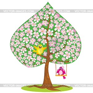 One of Four seasons - spring - tree and funny bird - vector clip art