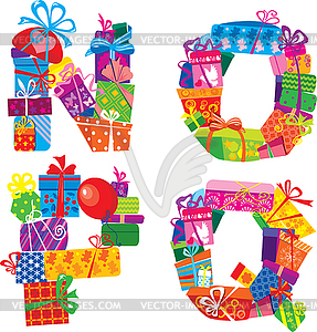 NOPQ - Английский алфавит - буквы из подарков - векторное изображение EPS