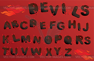 Alphabet with funny demons letters and fire - vector clipart