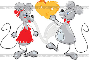 Cartoon of Male Mouse Giving Female Mouse Heart - - vector image