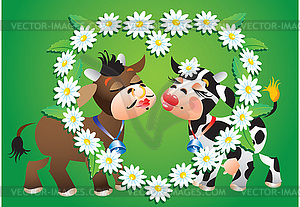 Мультяшный целовать коров и ромашки границу - рисунок в векторе