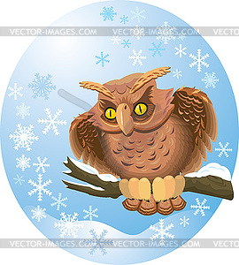 Cute owl on branch in winter oval frame - royalty-free vector clipart