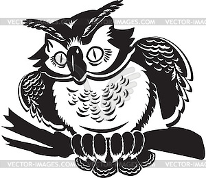 Cute own on branch. black and white image - vector image