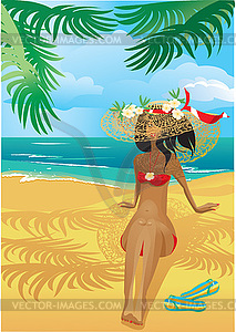 Girl on tropical beach with straw hat - vector image