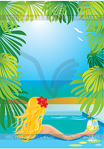 Border with girl in swimming pool with cocktail - color vector clipart