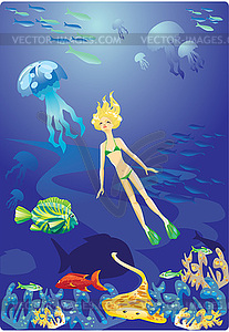 Дайвинг в Красном море - девушка и рыбы - графика в векторном формате