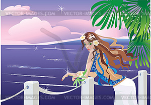 Girl on tropical sea side looking sunset - vector clipart