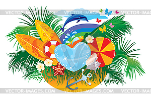 Летний дизайн с пальмами, ракушками и досками для серфинга - стоковый клипарт
