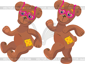 Happy cartoon teddy bear with pink heart sun glasses - vector clipart