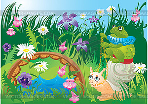 Frog riding snail - fairy tale . raster version - vector clip art