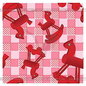 Seamless pattern with toys red horses on checked - vector image