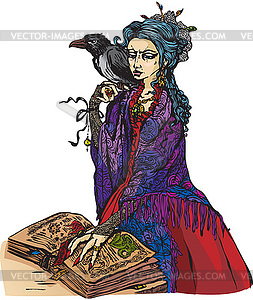 Woman witch with black raven reading ancient magic - vector image