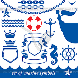 Set of marine elements - chain, anchor, crown - color vector clipart