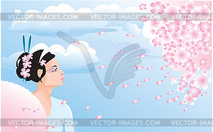 Sakura blossom and japanese girl (geisha) - vector clipart