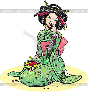 Beautiful japanese woman with cherries - vector image