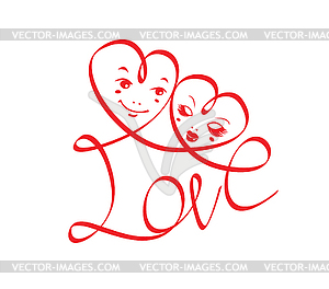 Word LOVE with hearts and funny faces - vector image