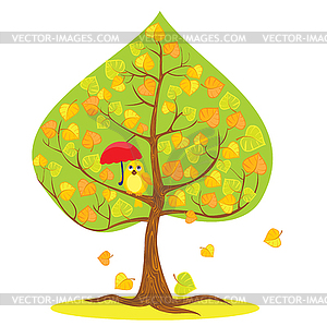 One of Four seasons - autumn - tree and funny bird - vector image