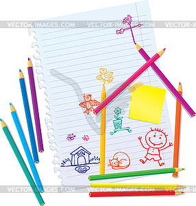 Design Concept на недвижимость - цветные карандаши и - стоковое векторное изображение