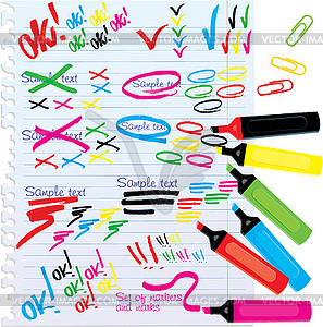 Set of different colors markers and marks - vector image