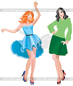 2 симпатичных девушек одеваться в повседневную одежду - цветной векторный клипарт