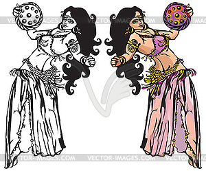 Belly dance with tambourine (black and white and - vector clip art