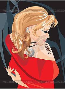 Beautiful blond girl with lizard tattoo on her - vector clipart