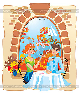 Dating couple in cafe - vector clip art