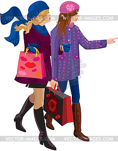 Две девочки покупками вместе - клипарт в векторном виде