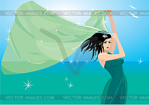 Woman with shawl on seaside - color vector clipart