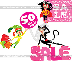 Sale concept - Set of funny cartoons Super hero - vector clip art