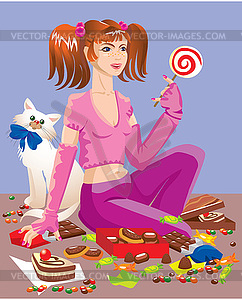Sweet tooth girl with different sweets: chocolate, - vector image