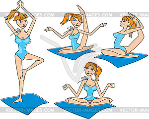 Funny girl cartoon practicing yoga - vector clipart