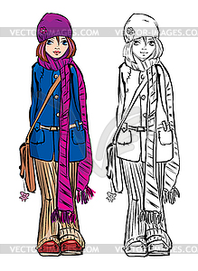 Winter cute girl dressing stripped scarf - vector image