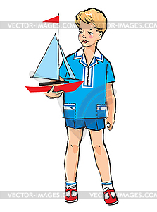 Sketch of Pretty boy with boat model in his hand - vector image